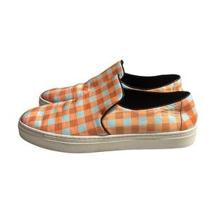 Diane von Furstenberg Budapest Gingham Leather Slip-on Sneakers 7M Orange Blue